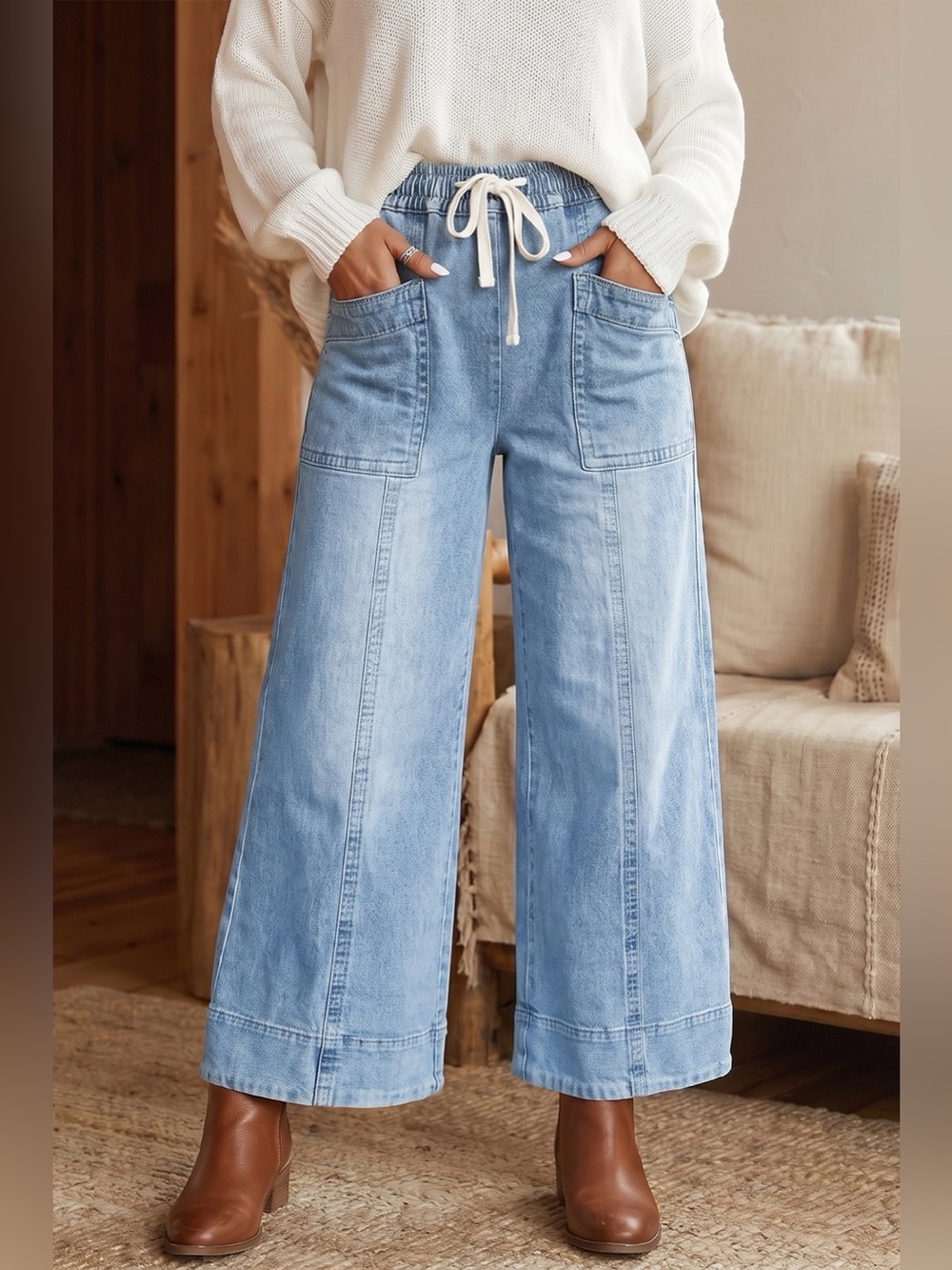 Drawstring Waist Wide Leg Ankle Length Jeans